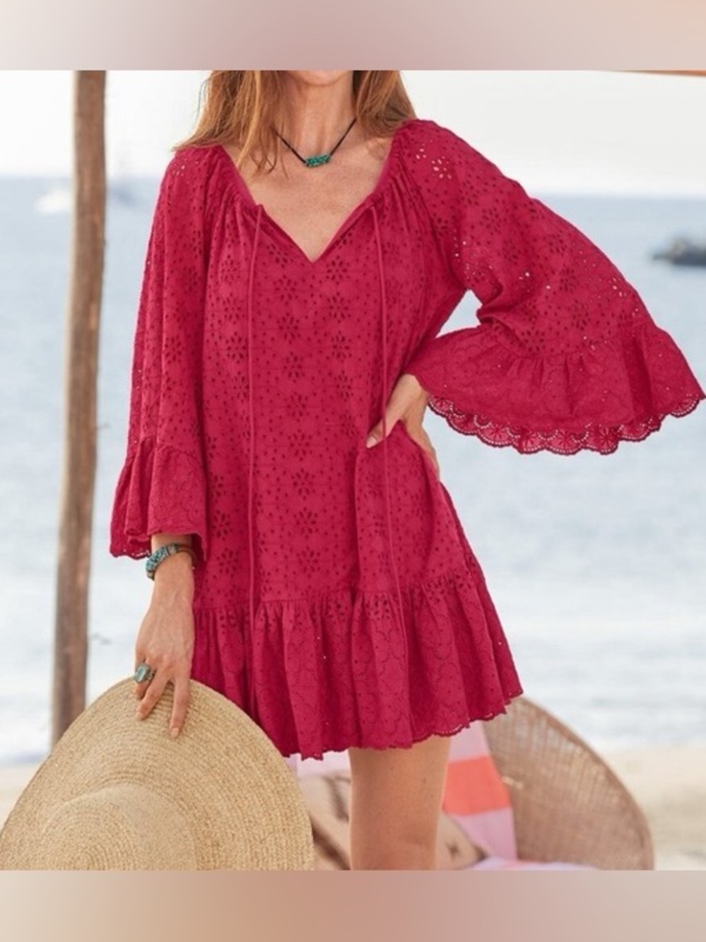 Sundance Moray Eyelet Lace Tunic Dress in Raspberry Red Size M